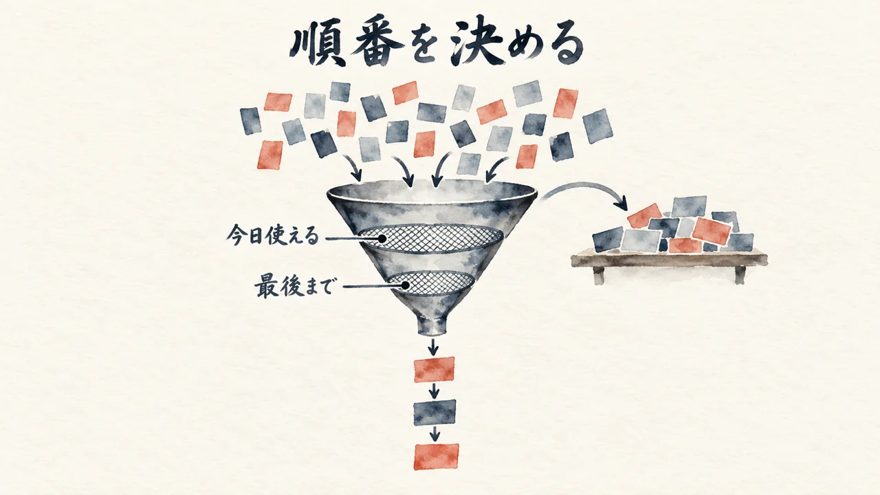 たくさんの箱をふるいにかけ、今日使えるものと最後まで持っていってくれるものへ絞る図解