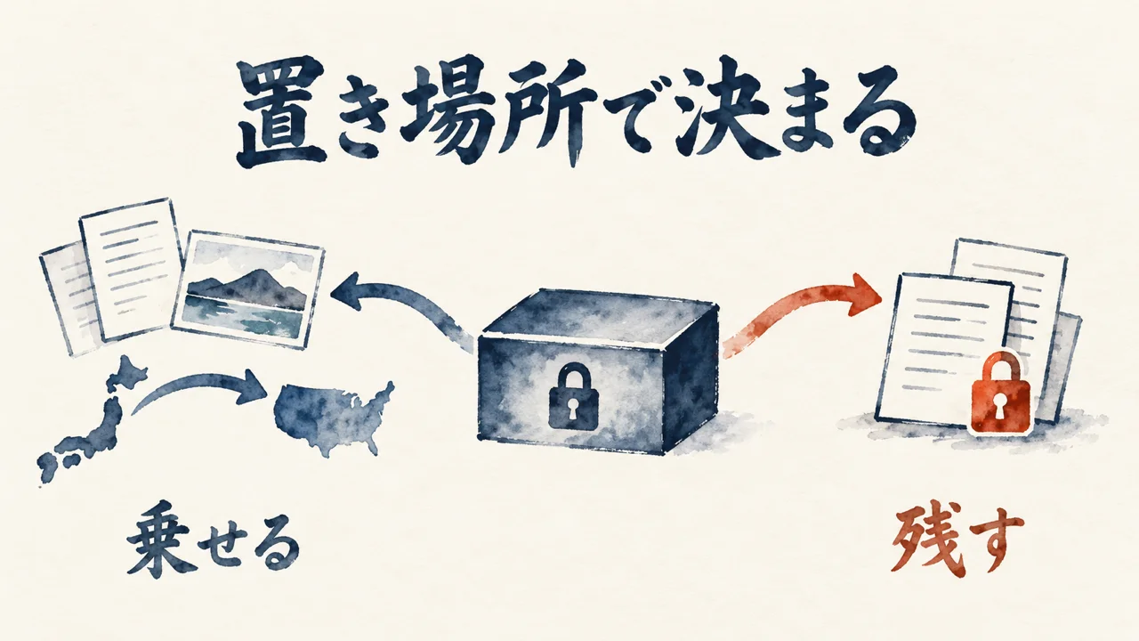 鍵つきの箱から、乗せる素材と手元に残す素材へ仕分ける図解
