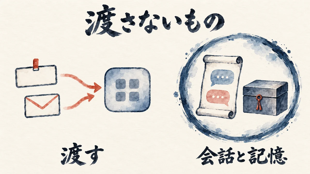名前とメールだけを渡し、会話と記憶は手元に残す図解