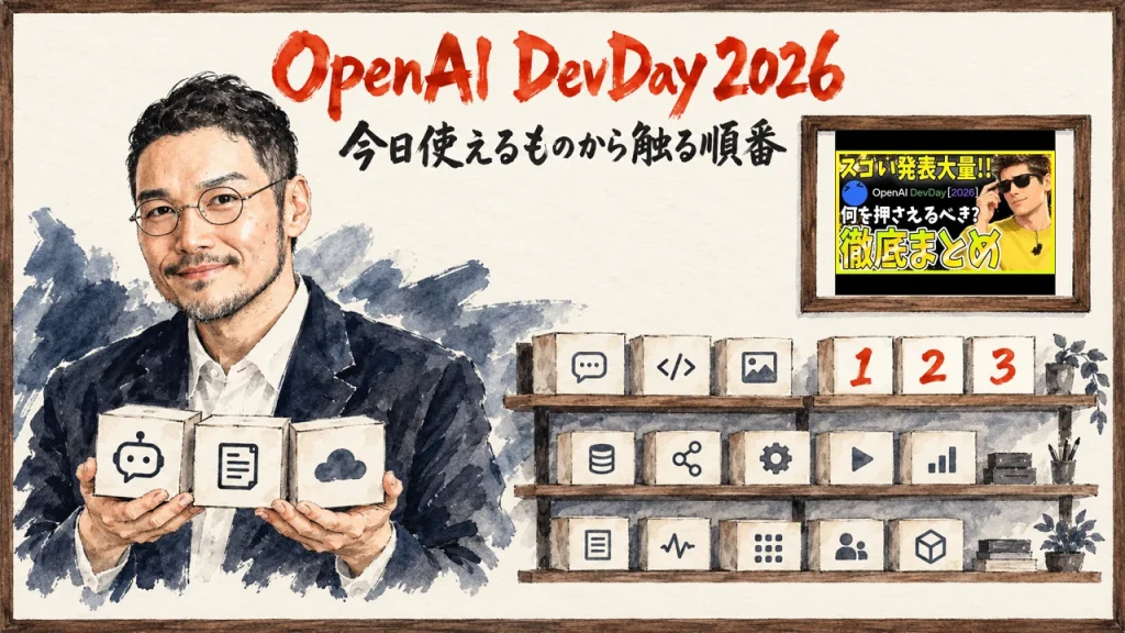 OpenAI DevDay 2026の発表20超から、今日使えるものを3つ選ぶひろくん。棚に残りの発表が並ぶ。壁に動画のサムネイル