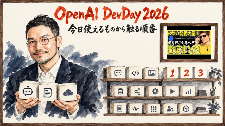 OpenAI DevDay 2026の発表20超から、今日使えるものを3つ選ぶひろくん。棚に残りの発表が並ぶ。壁に動画のサムネイル