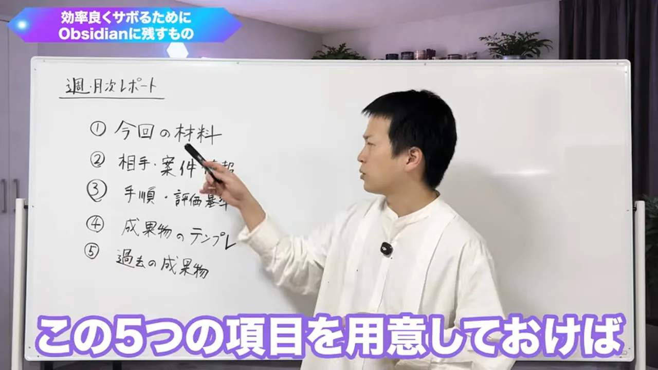 動画キャプチャ: ホワイトボードに書かれた週・月次レポートの5つの項目