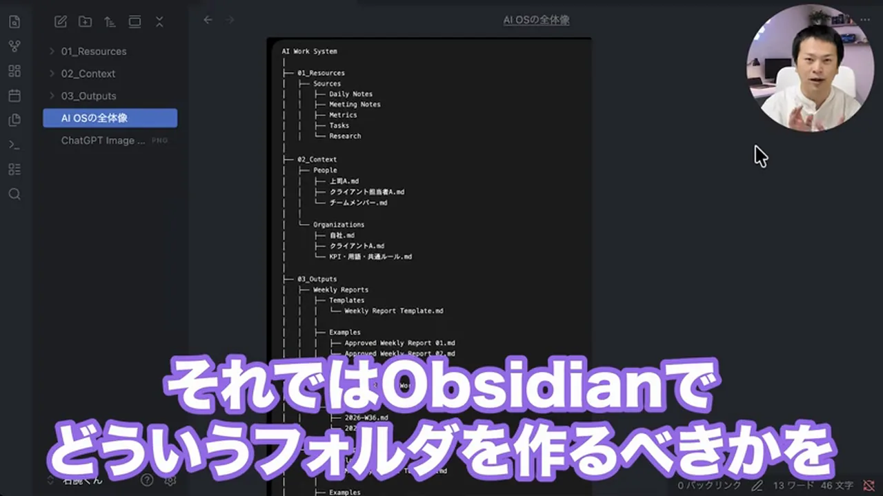 動画キャプチャ: ObsidianのAI OSの全体像、フォルダの階層図