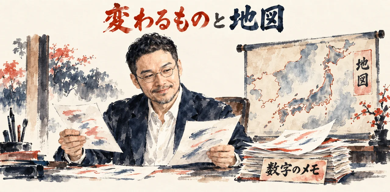 変わる数字のメモと、動かない地図を別々に置くひろくんのコラム図解