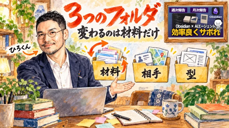 週次・月次報告を3つのフォルダで整理するひろくんの全容図解。壁に動画のサムネイル