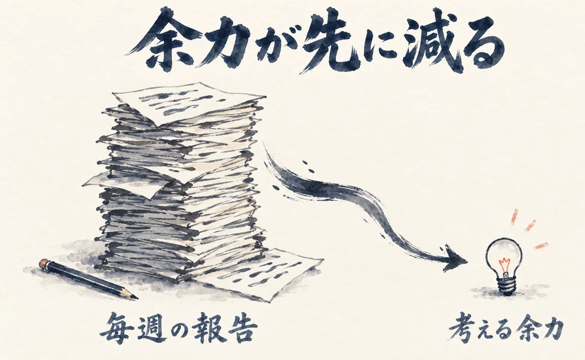 報告書の山の横で、考える余力を表す灯りが小さくなっていく図解