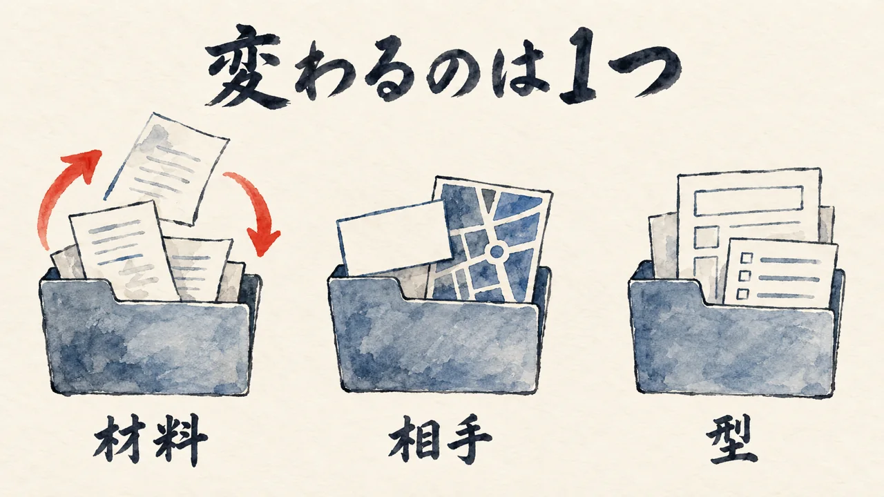 3つのフォルダのうち、材料のフォルダだけ中身が入れ替わる図解
