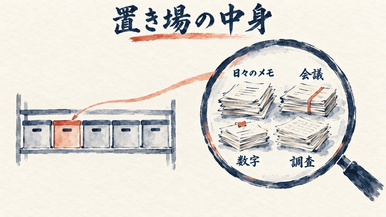 棚に並んだ箱の1つを拡大鏡でのぞくと、メモが詰まっている図解