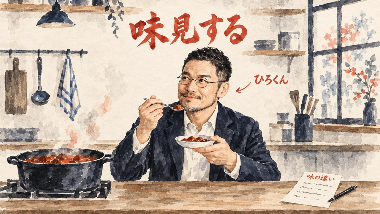 鍋のカレーを小皿に取って味見する手と、味の違いを書き留めるメモの図解