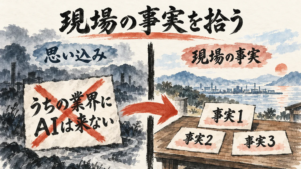 自分の現場から事実を3つ拾う手と、「うちの業界にAIは来ない」の札に赤いバツを付けた図解