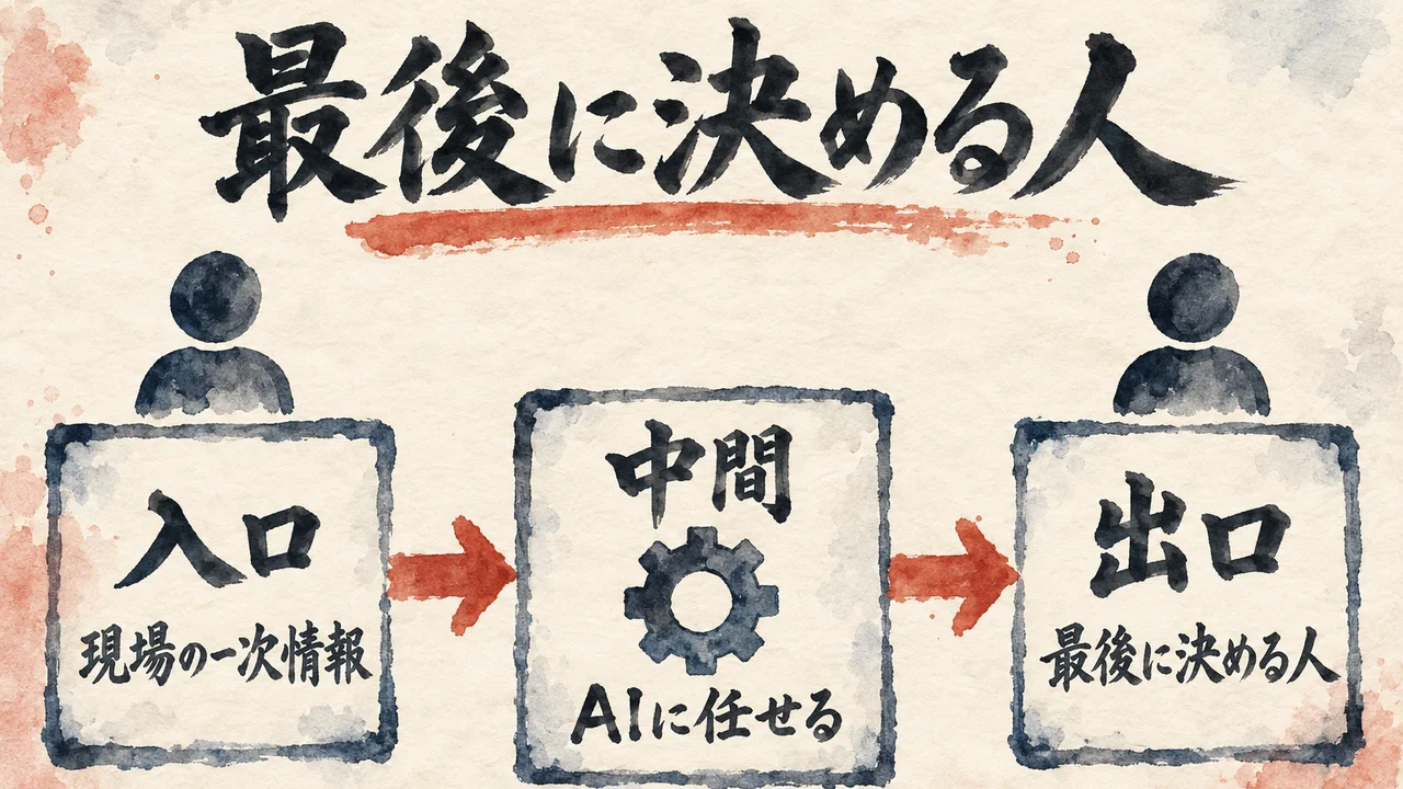 「入口（現場の一次情報）」「中間（AIに任せる）」「出口（最後に決める人）」を矢印でつなぎ、入口と出口に人のマークを置いた図解