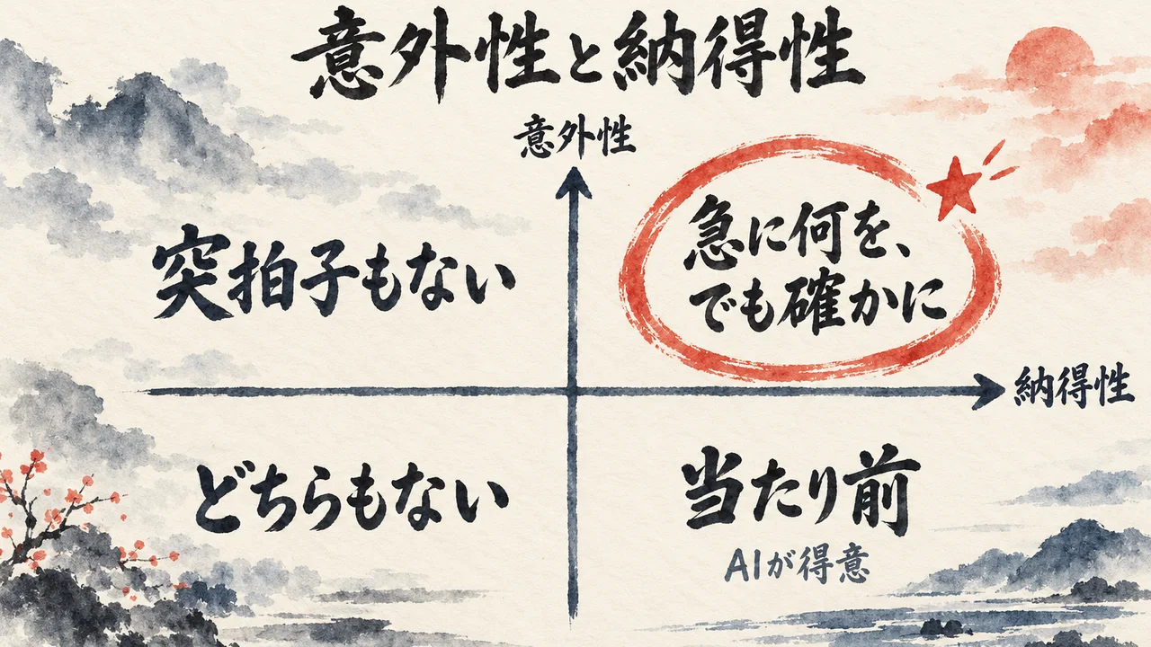 縦軸「意外性」、横軸「納得性」の4象限。右上に「急に何を、でも確かに」、右下に「当たり前（AIが得意）」、左下に「どちらもない」、左上に「突拍子もない」を置いた図解