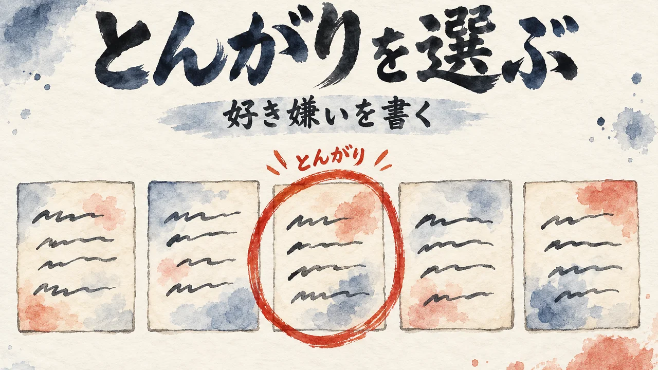 好き嫌いを5枚の札に書き、1枚を「とんがり」として赤く丸で囲んだ図解