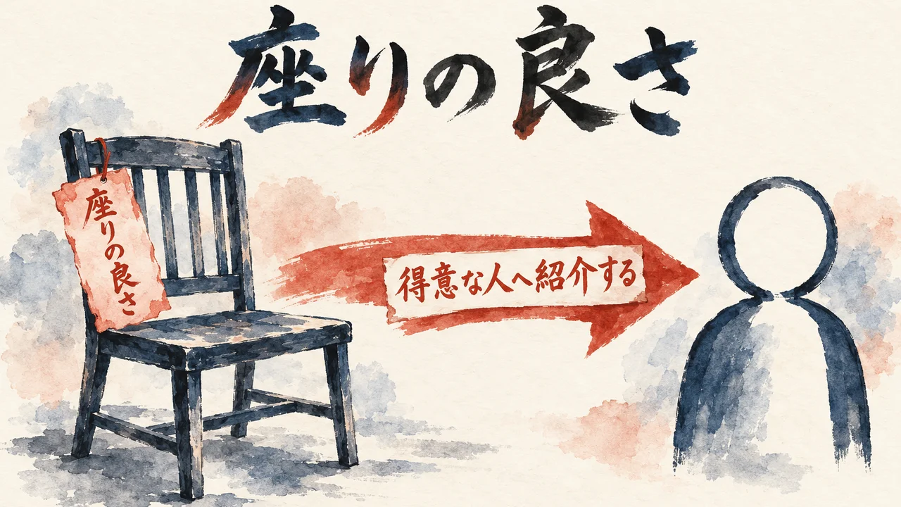 椅子の絵の上に「座りの良さ」の札を置き、右に「得意な人へ紹介する」矢印を描いた図解
