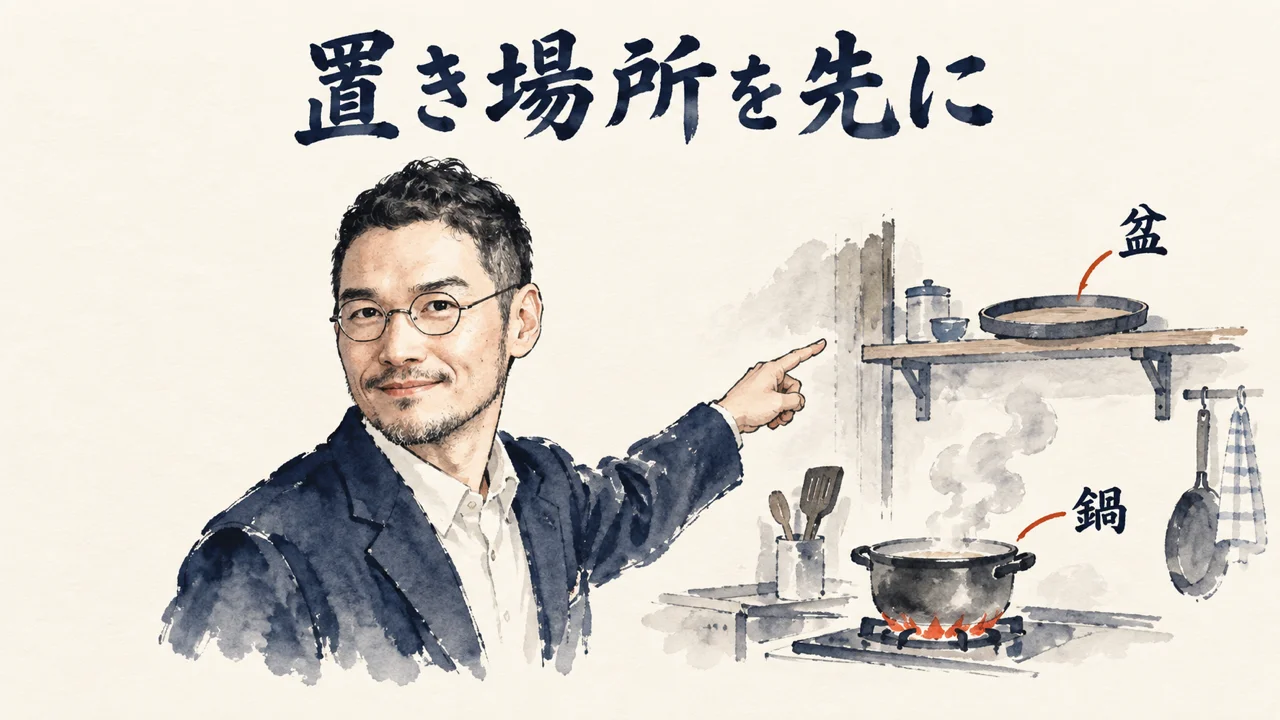 台所で鍋を火にかけたまま、結果の置き場所の盆を指さすひろくんのコラム図解