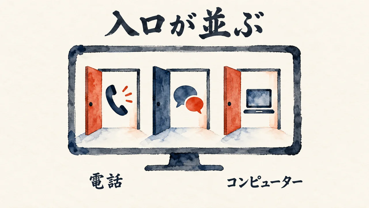 dotsの画面に電話とコンピューターの入口が並ぶ図解