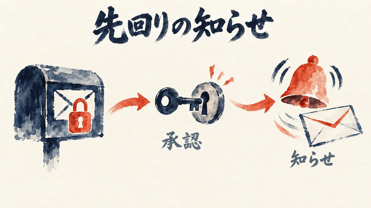 承認の鍵が開いてベルが鳴り、手紙が届く先回りの知らせの図解