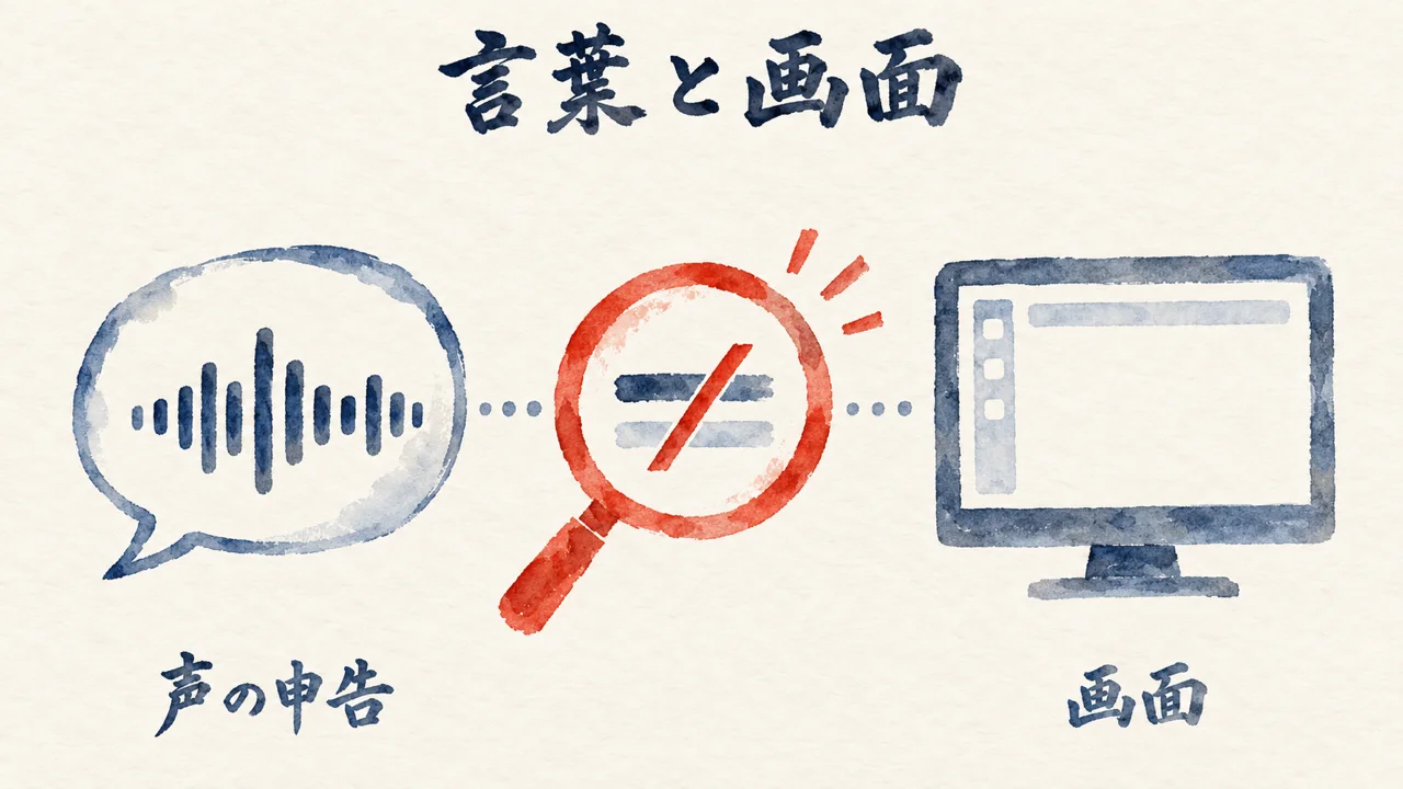 声の申告のふきだしと、何も動かない画面を虫眼鏡で見比べる図解