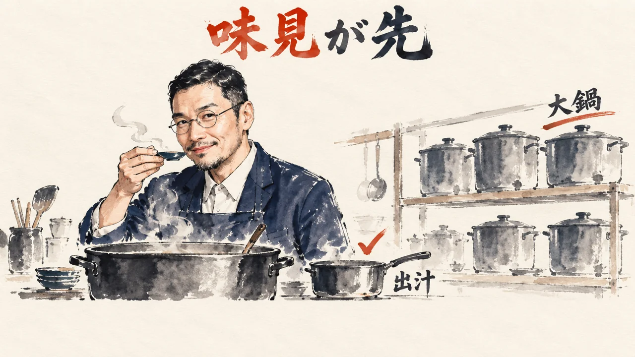 小皿で出汁を味見するひろくんと、棚に並ぶ大鍋。味見が先のコラム図解