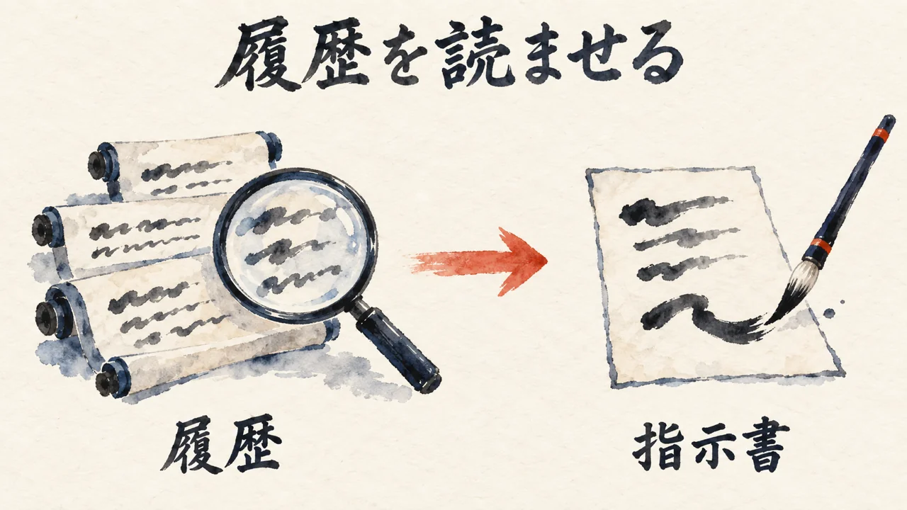 積まれた履歴の巻物を虫眼鏡で読み、指示書へ書き足す。履歴を読ませる図解