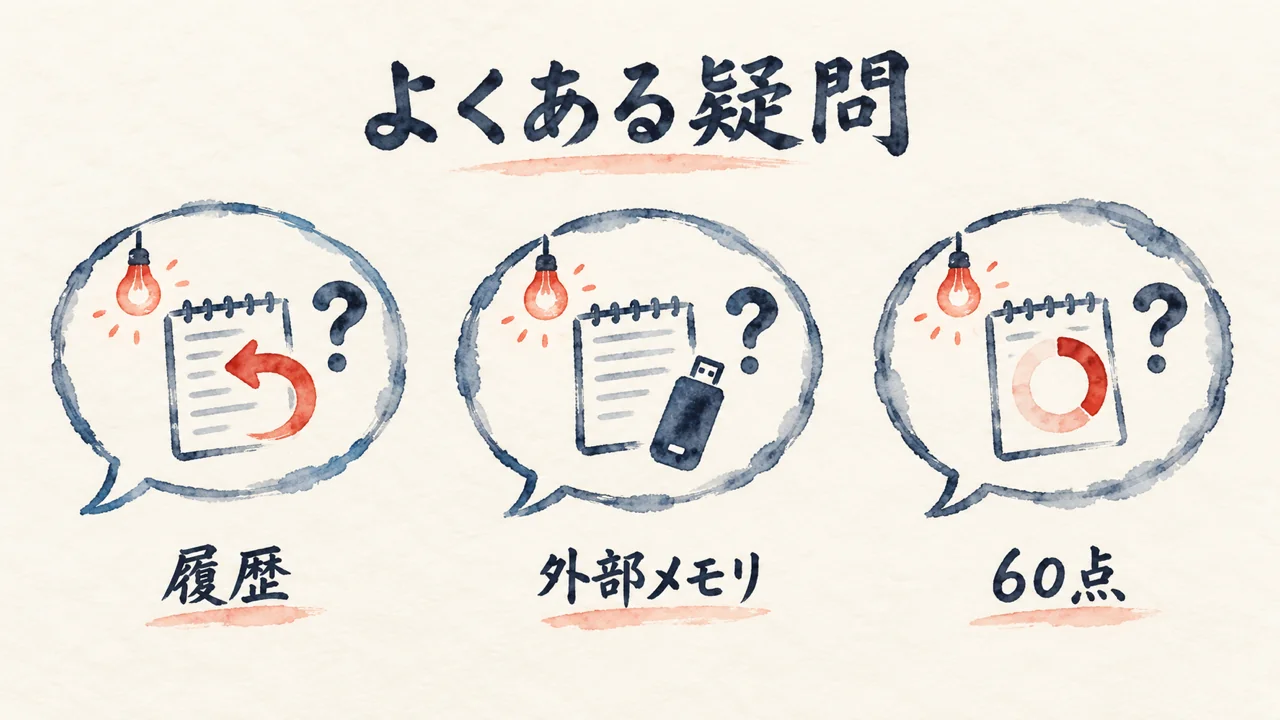 履歴・外部メモリ・60点への疑問に答える3つの吹き出しの図解