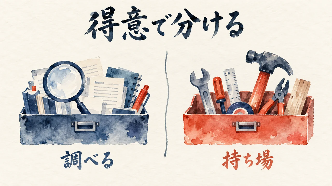 調べる道具箱と作る道具箱を、境界線で分ける。得意で分ける図解