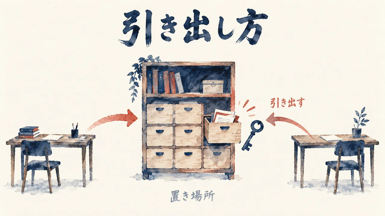棚の引き出しへ二つの机から矢印が伸びる。外部メモリは引き出し方で決まる図解