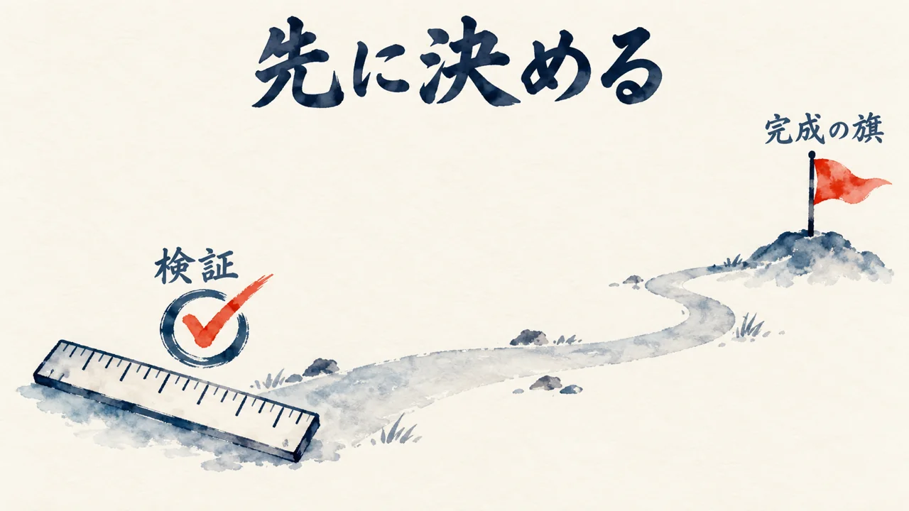 道の先に完成の旗が立ち、手前にものさしがある。完成条件を先に決める図解