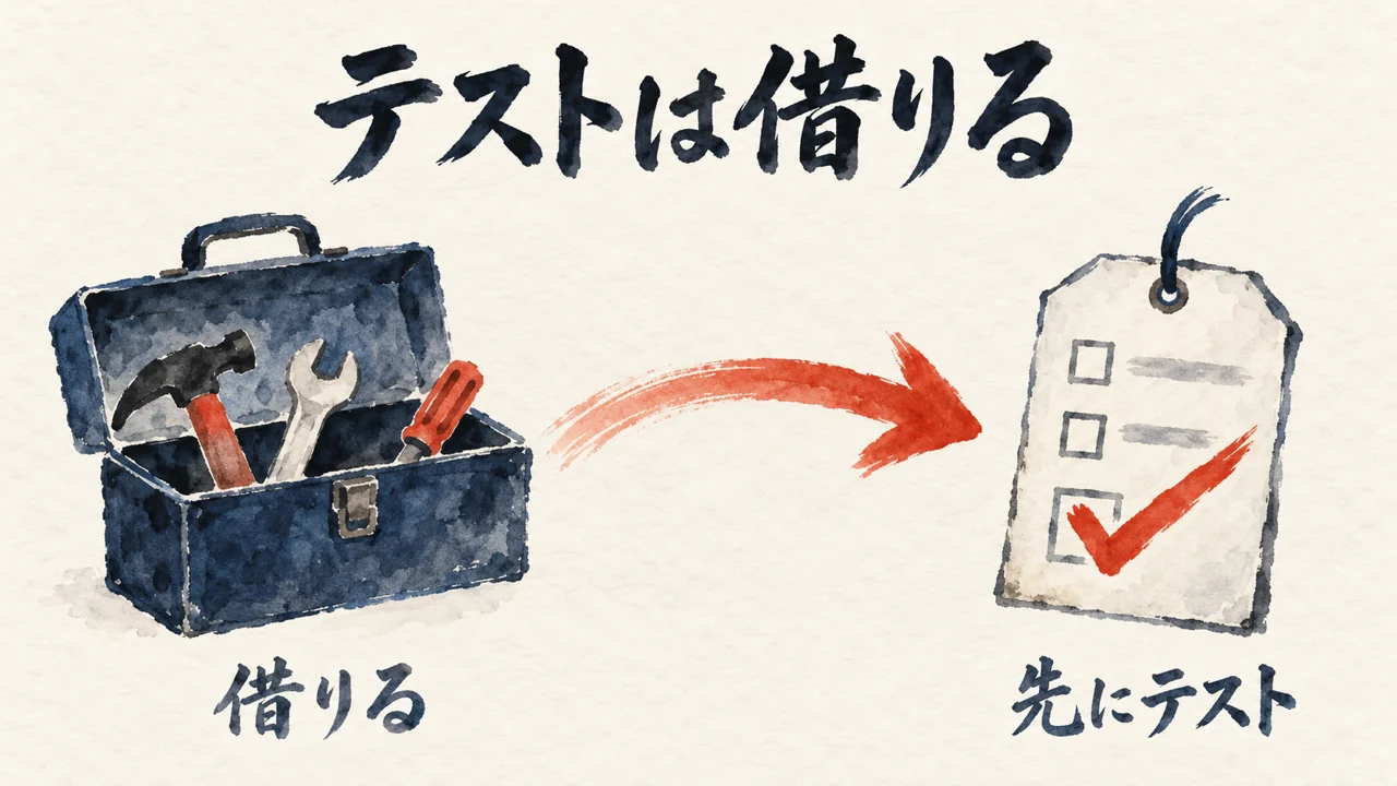 道具箱が手渡され、試験の札にチェックが付く。テストは借りる図解