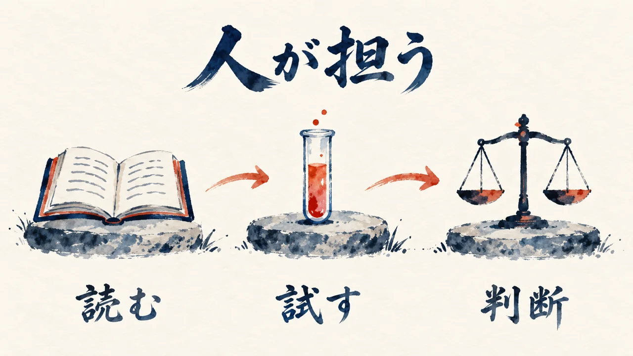 三つの飛び石に、本と試験管とはかり。読む、試す、判断するを人が担う図解
