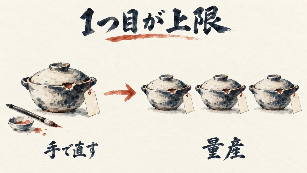 60点の鍋の札と、同じ形の鍋がずらりと並ぶ列。1つ目が量産の上限になる図解
