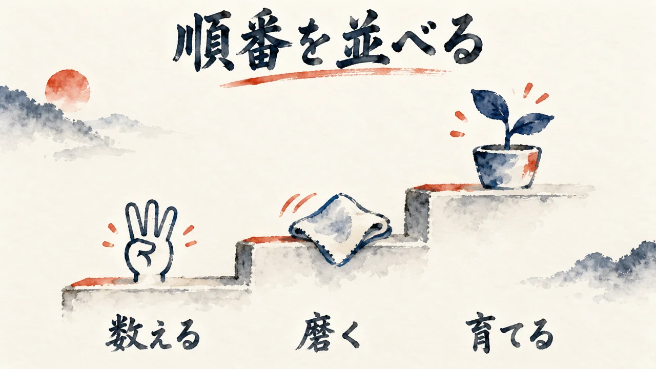 数える、磨く、育てるの三段の階段。順番を並べ直す図解