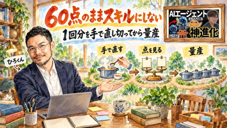 60点のままスキルにしない。ひろくんが、手で直す・点を見る・量産の3つの駅を紹介する全容図解。壁に動画のサムネイル