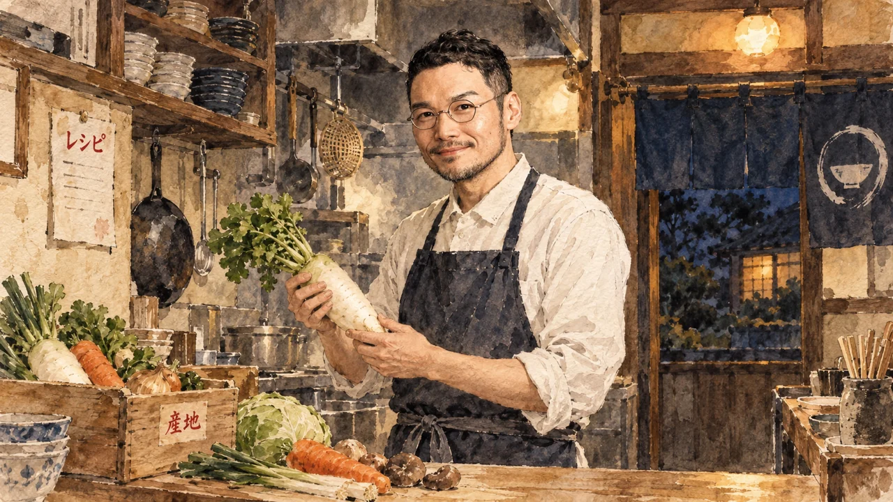 夜の小さな定食屋の厨房で、エプロン姿のひろくんが大根を手に取って確かめている図解