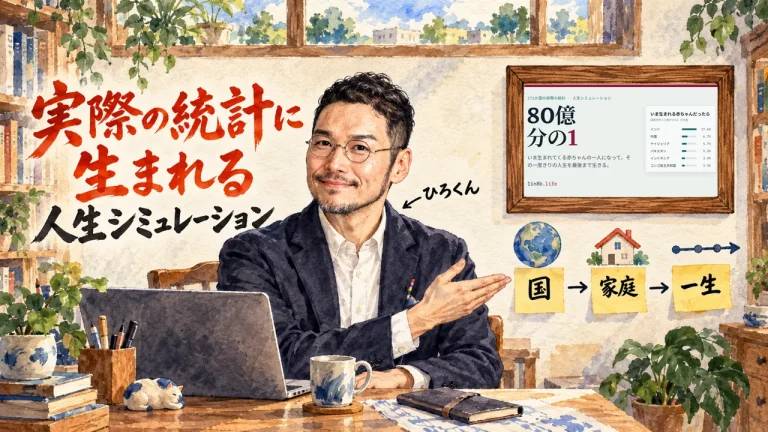 実際の統計に生まれる人生シミュレーション「80億分の1」を解説するアイキャッチ。右上の額縁に元サイトのトップ画像