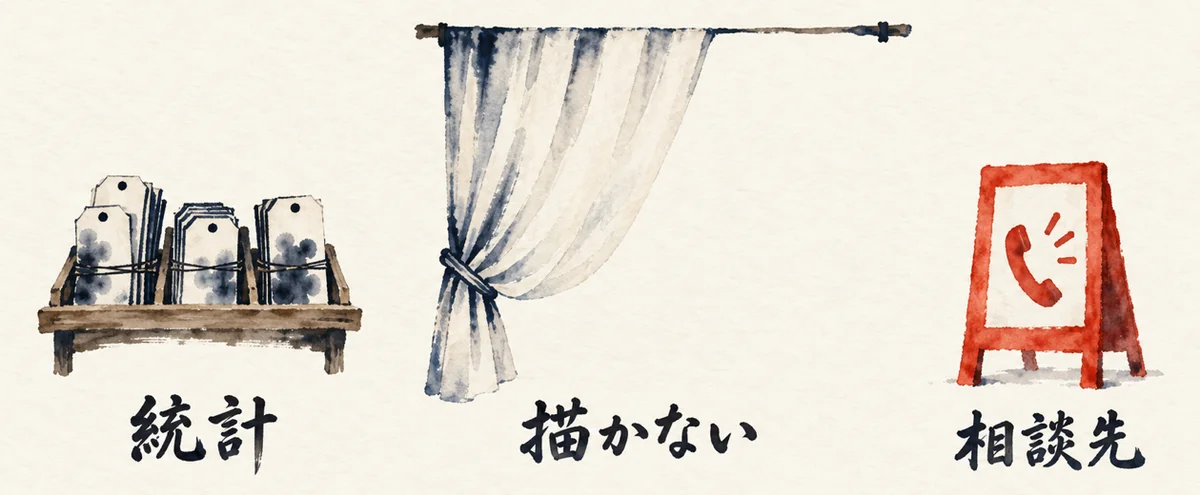 数字の札の棚、半分引かれたカーテン、相談先の看板が並ぶ図解