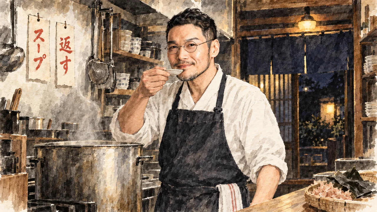 夜の小さな定食屋の調理場で、エプロン姿の男性が鍋の火を止め、小皿でスープを味見している図解