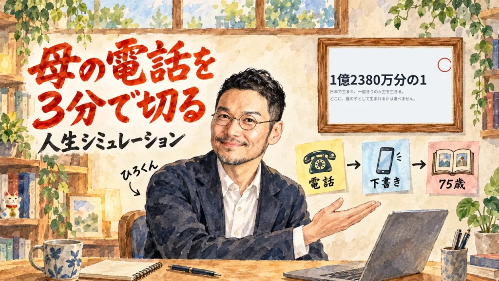 母の電話を3分で切る人生シミュレーション「1億2380万分の1」を解説するアイキャッチ。右上の額縁に元サイトのトップ画像