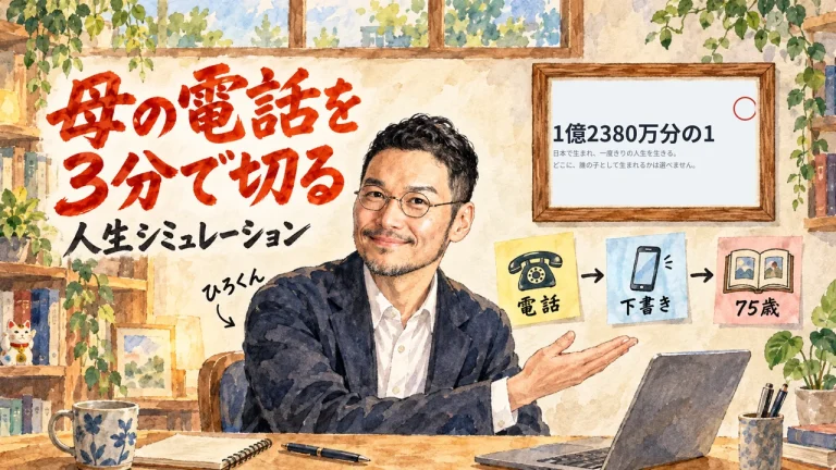 母の電話を3分で切る人生シミュレーション「1億2380万分の1」を解説するアイキャッチ。右上の額縁に元サイトのトップ画像
