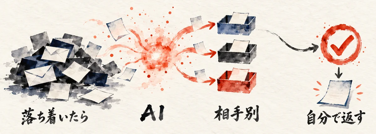積まれた付箋をAIの光の粒が相手別の箱へ仕分け、人の確認印で1通の返事になる図解