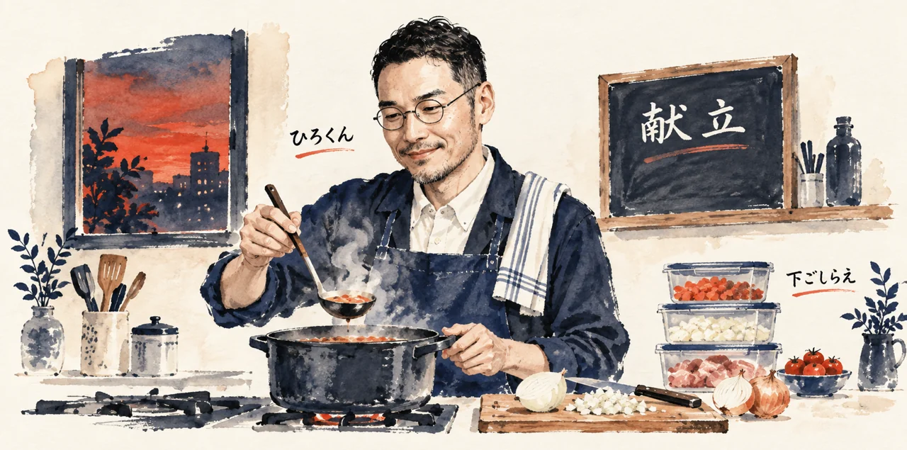 夕暮れの厨房で、ひろくんが鍋の煮込みを味見し、黒板の献立と下ごしらえの容器が並ぶコラム図解