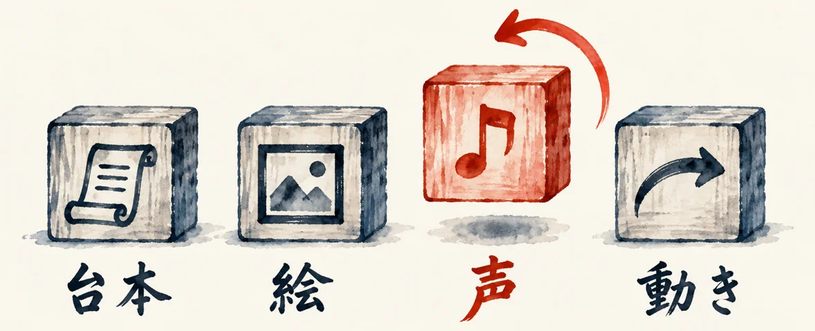 台本・絵・声・動きの4つの積み木が並び、朱色の「声」の積み木だけが矢印で持ち上がって直せることを示した図解