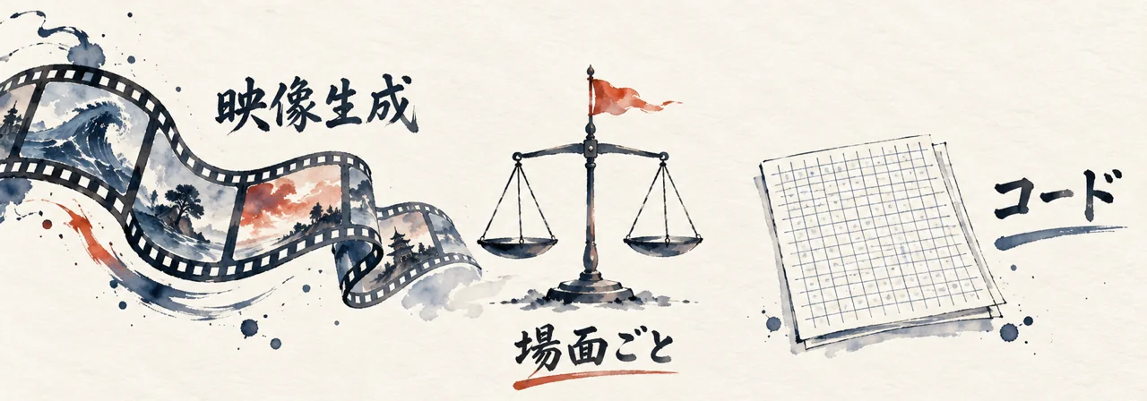 映像生成のフィルム、中央の天秤の「場面ごと」、方眼紙の「コード」を並べ、場面ごとに分ける考え方を示した図解