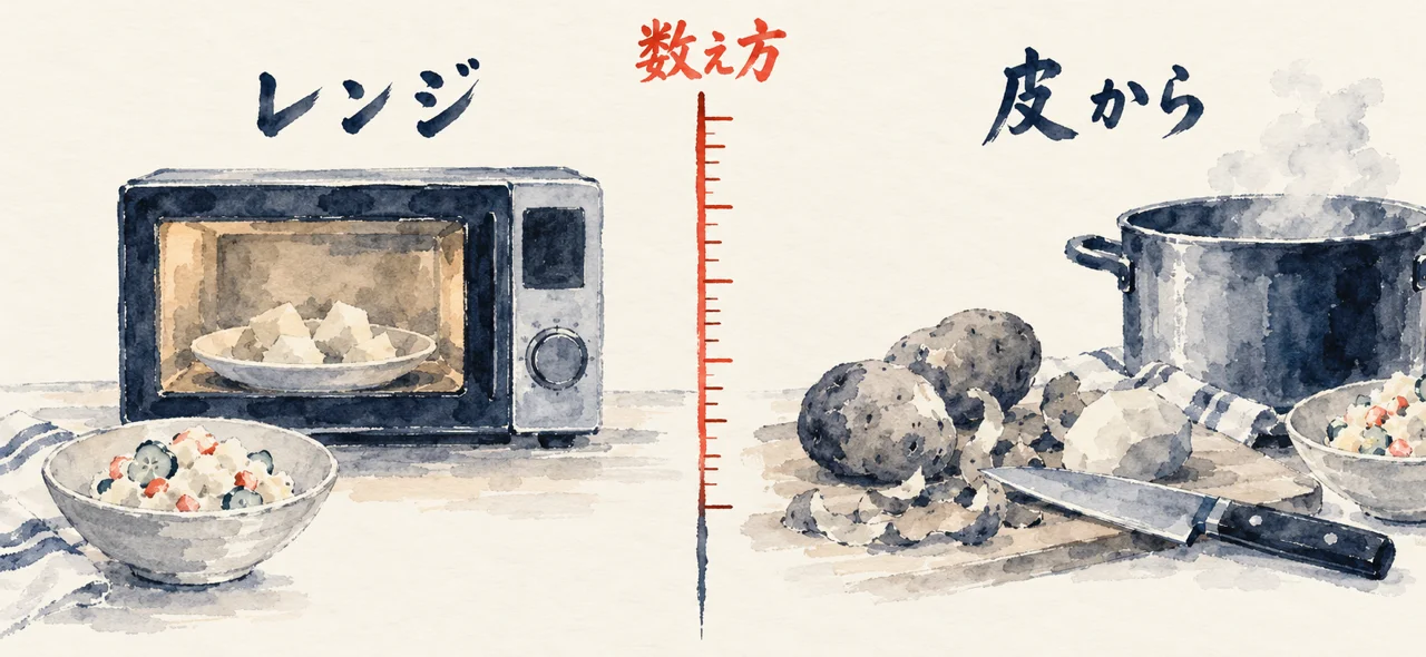 電子レンジで作る「レンジ」と、芋の皮をむく「皮から」を、朱色の物差しの「数え方」で左右に比べた対比の図解