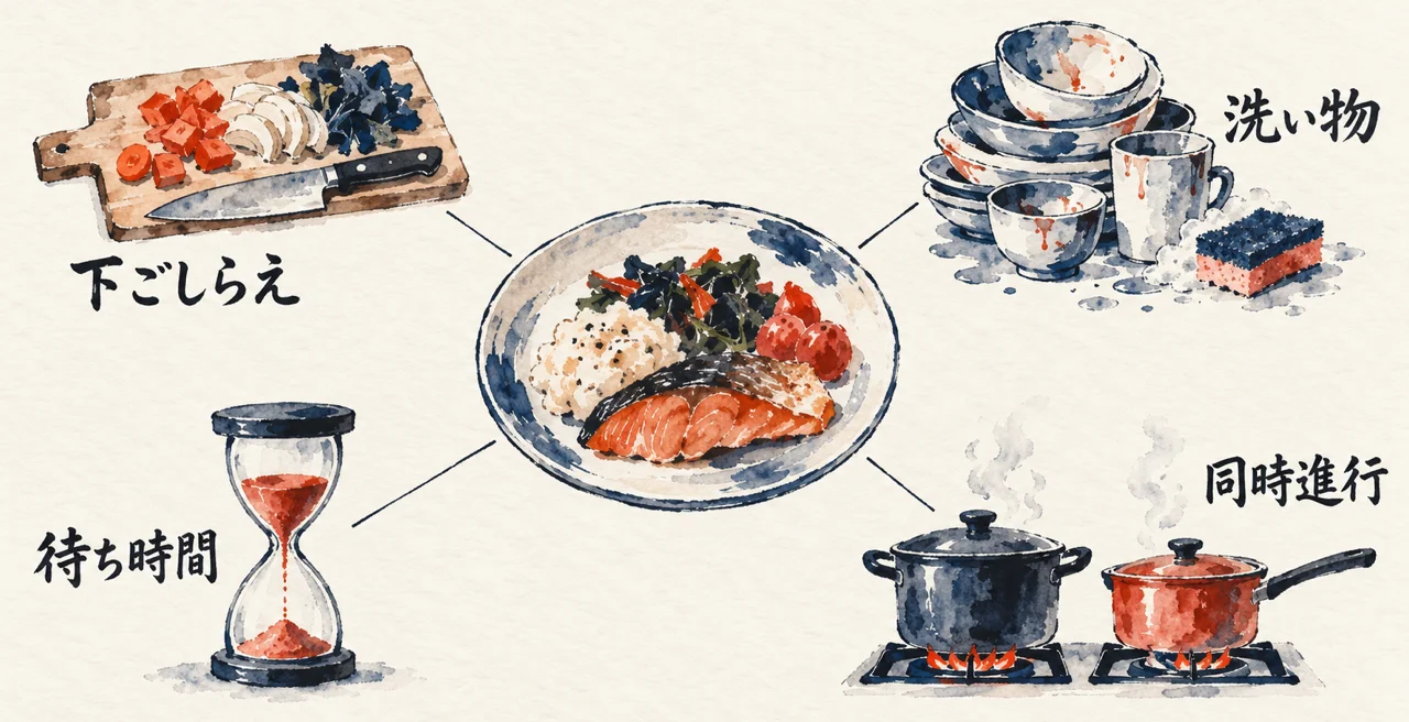 中央の料理の皿のまわりに、下ごしらえ、洗い物、待ち時間、同時進行の4つの面倒を配置した分解の図解