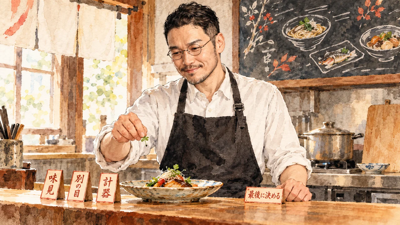 調理場で作った料理を、店主のひろくんが最後に見ている図解。皿の脇に、味見、別の目、計器の札と、最後に決めるの札が置かれている