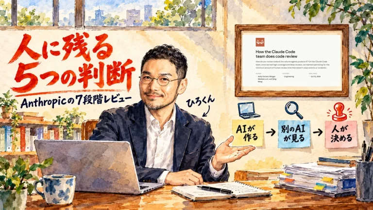 AIが作った物の確認を解説するアイキャッチ。人に残る5つの判断。Anthropicの7段階レビュー。右上の額縁に元記事の画面