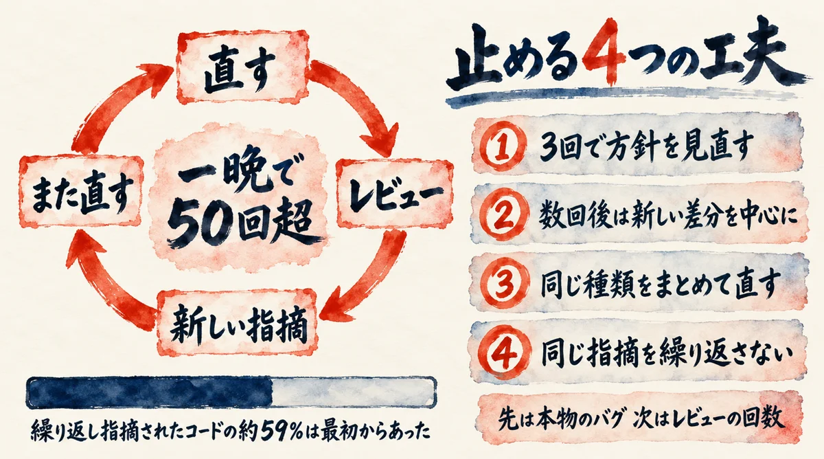 AIのレビューが終わらなくなる問題の図解。直す、レビュー、新しい指摘、また直すの輪が一晩で50回超まわった。指摘されたコードの約59%は最初からあった古い不具合。止める4つの工夫は、3回で方針を見直す、数回後は新しい差分を中心に、同じ種類をまとめて直す、同じ指摘を繰り返さない