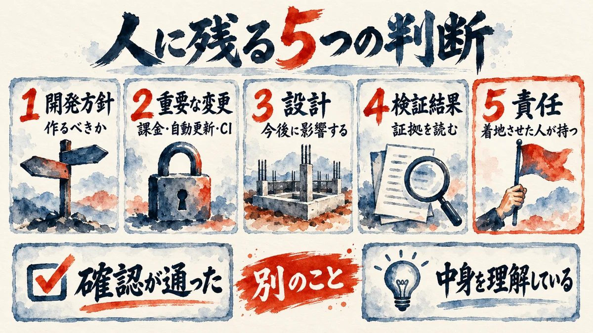 AI時代に人へ残る5つの判断の図解。開発方針で作るべきか、重要な変更で課金・自動更新・CI、設計で今後に影響するもの、検証結果で証拠を読む、責任で着地させた人が持つ。確認が通ったことと、中身を理解していることは別のこと