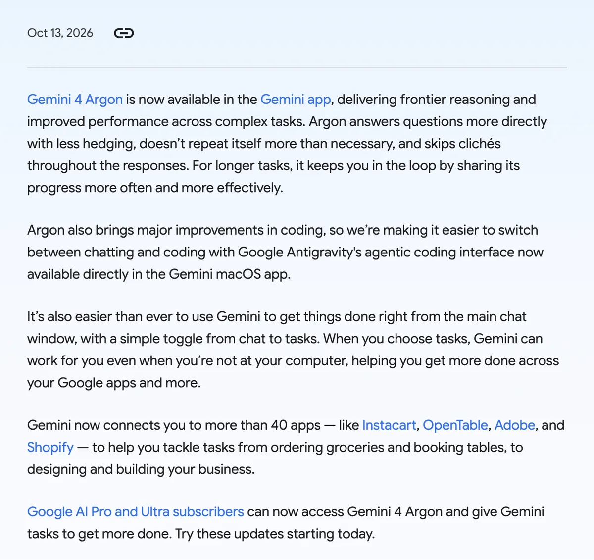 Google公式ブログのキャプチャ: Gemini 4 ArgonがGeminiアプリで使えるようになったという10月13日の発表文